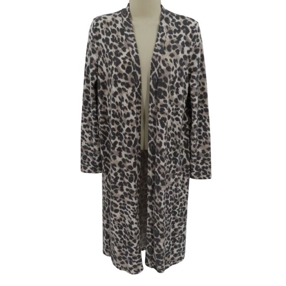 GUESS Womens Small Gray Fuzzy Leopard Animal Print Long Sleeve Open Front Duster - Picture 1 of 10